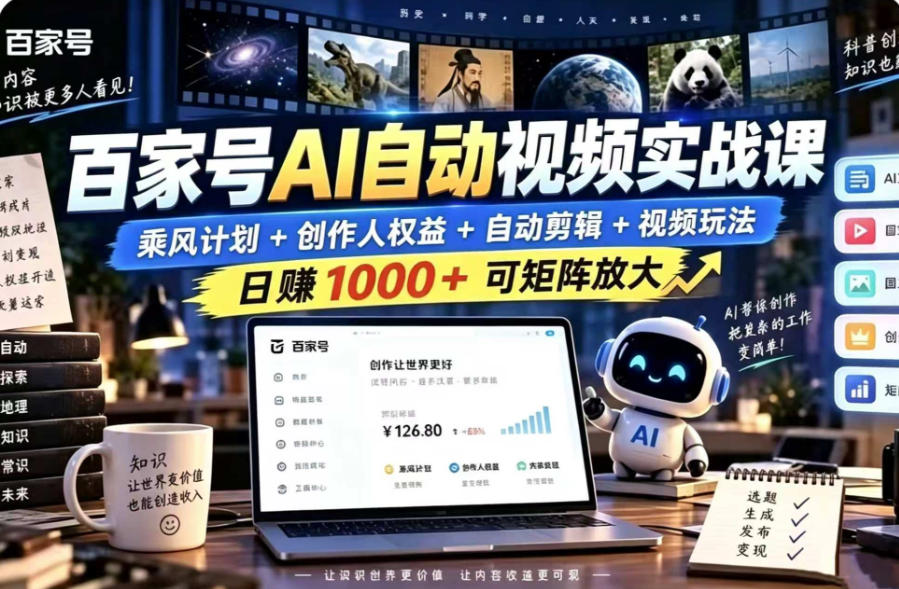 百家号自动矩阵玩法，长期可以做的项目，日入1k+，真正的睡后收入-创学资源站