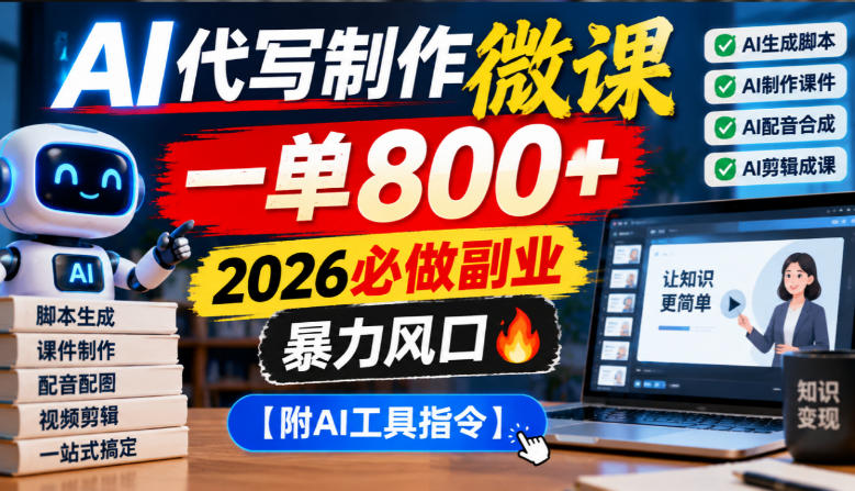 AI代写制作微课，一单800+，2026必做副业，暴力风口【附AI工具指令】【揭秘】-创学资源站