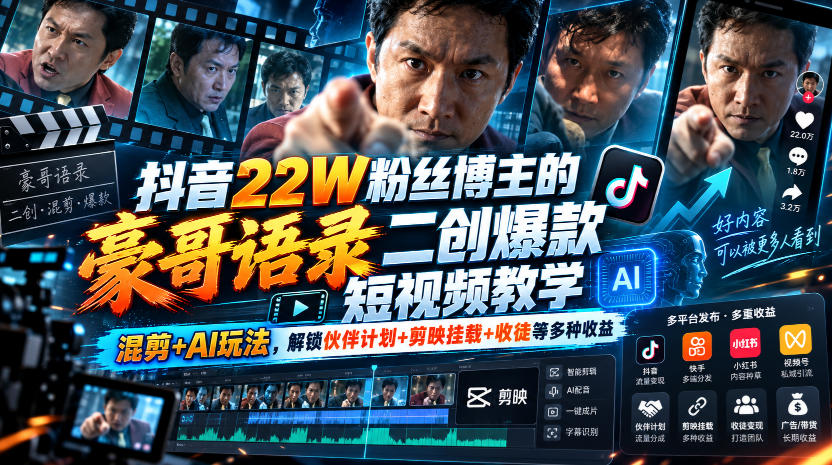 抖音22W粉丝博主的豪哥语录二创爆款短视频教学,混剪+AI玩法,解锁伙伴计划+剪映挂载+收徒等多种收益-创学资源站