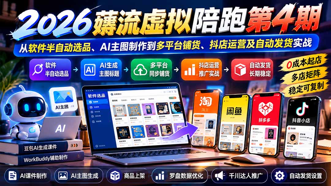 2026薅流虚拟陪跑第4期：从软件半自动选品、AI主图制作到多平台铺货、抖店运营及自动发货实战-创学资源站