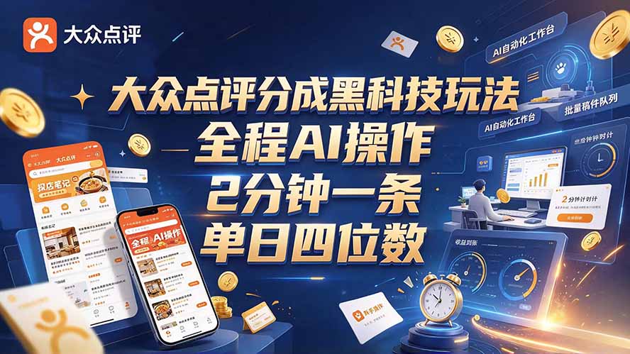 大众点评分成全网独家玩法，AI 全自动出内容，2 分钟一条，小白可冲单日四位数-创学资源站