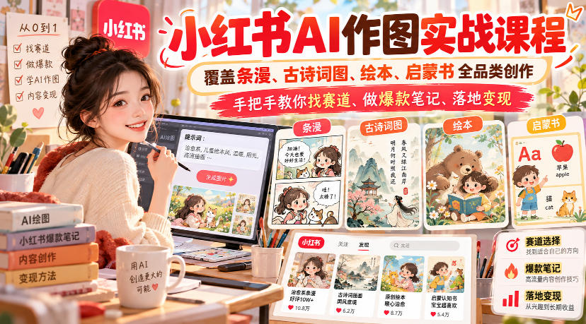 小红书AI作图实战课程，覆盖条漫、古诗词图、绘本、启蒙书全品类创作，手把手教你找赛道、做爆款笔记、落地变现(更新1017)-创学资源站