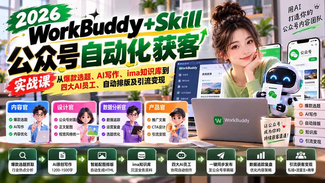 WorkBuddy + Skill公众号自动化获客实战课:从爆款选题、AI写作、ima知识库到四大AI员工、自动排版及引流变现-创学资源站