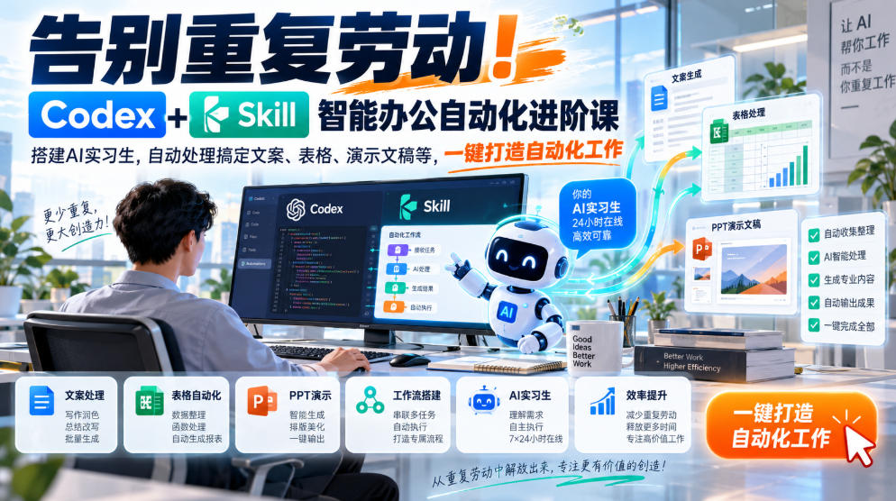 告别重复劳动！Codex+Skill智能办公自动化进阶课｜搭建AI实习生，自动处理搞定文案、表格、演示文稿等，一键打造自动化工作-创学资源站