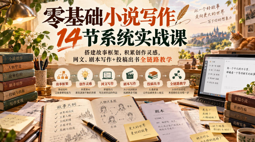 零基础小说写作14节系统实战课,搭建故事框架,积累创作灵感,网文、剧本写作+投稿出书全链路教学-创学资源站