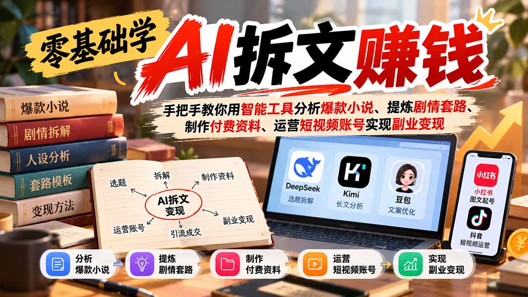 零基础学AI拆文赚钱:手把手教你用智能工具分析爆款小说、提炼剧情套路、制作付费资料、运营短视频账号实现副业变现-创学资源站