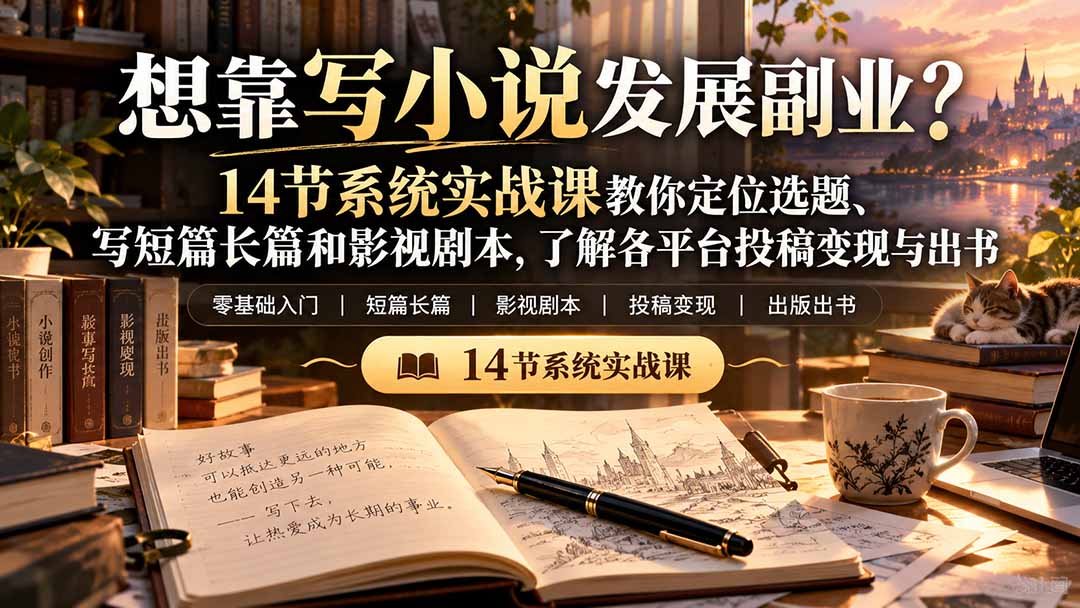 【无水印】想靠写小说发展副业？14节系统实战课教你定位选题、写短篇长篇和影视剧本，了解各平台投稿变现与出书-创学资源站