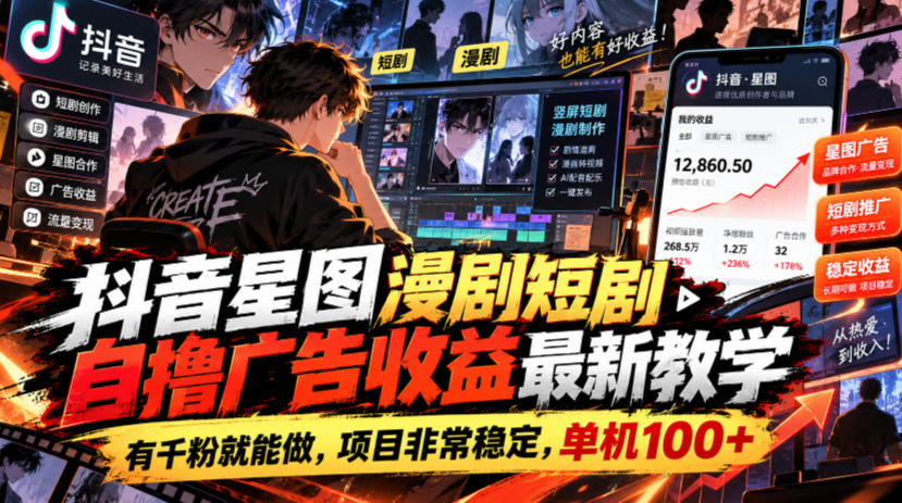 抖音星图漫剧短剧自撸广告收益最新教学,有千粉就能做,项目非常稳定,单机100+-创学资源站