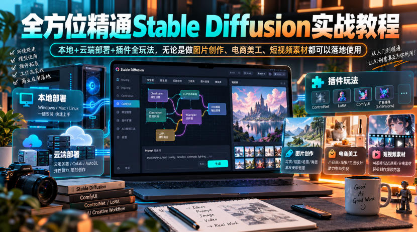 全方位精通Stable Diffusion实战教程｜本地+云端部署+插件全玩法，无论是做图片创作、电商美工、短视频素材都可以落地使用-创学资源站
