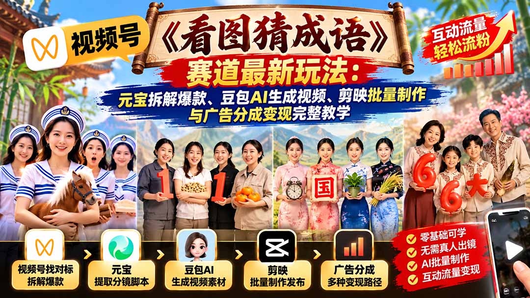 视频号《看图猜成语》赛道最新玩法：元宝拆解爆款、豆包AI生成视频、剪映批量制作与广告分成变现完整教学-创学资源站