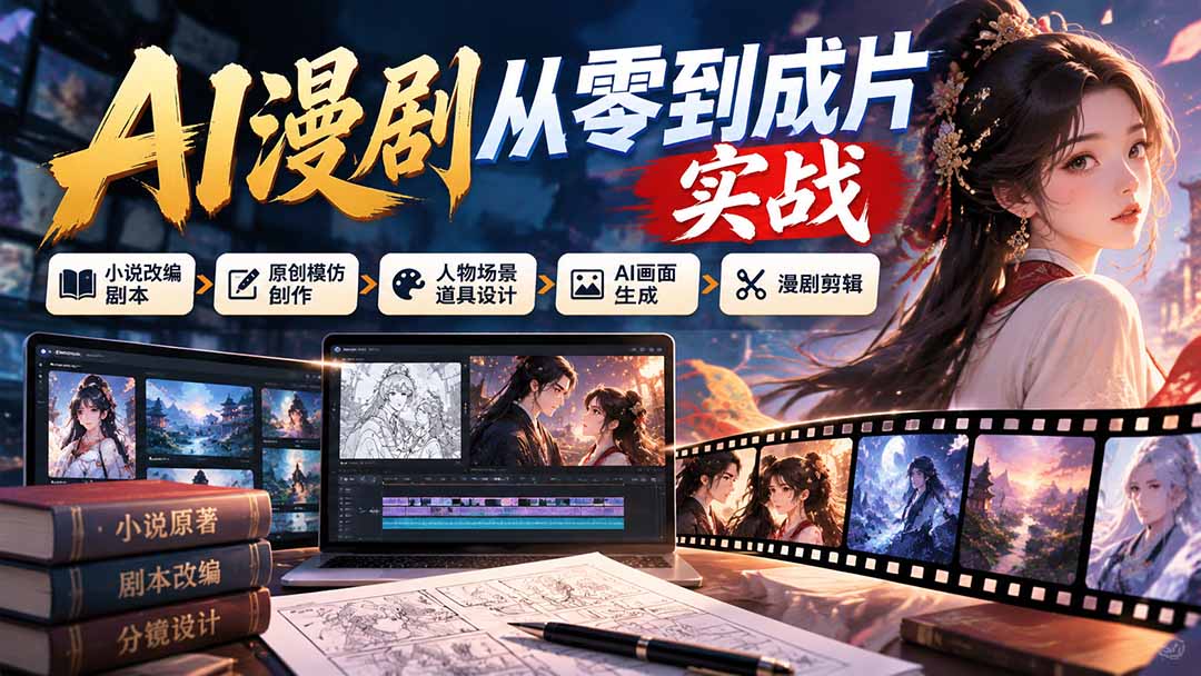 AI漫剧从零到成片实战：小说改编剧本、原创模仿创作、人物场景道具设计、AI画面生成与漫剧剪辑-创学资源站