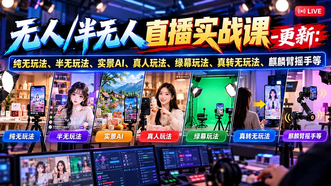 无人/半无人直播实战课-10月20更新:纯无玩法、半无玩法、实景AI、真人玩法、绿幕玩法、真转无玩法、麒麟臂摇手等-创学资源站
