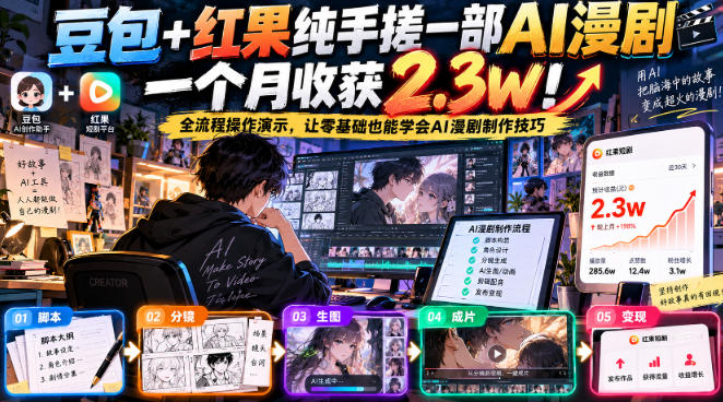 豆包+红果纯手搓一部AI漫剧一个月收获2.3w！全流程操作演示，让零基础也能学会AI漫剧制作技巧-创学资源站