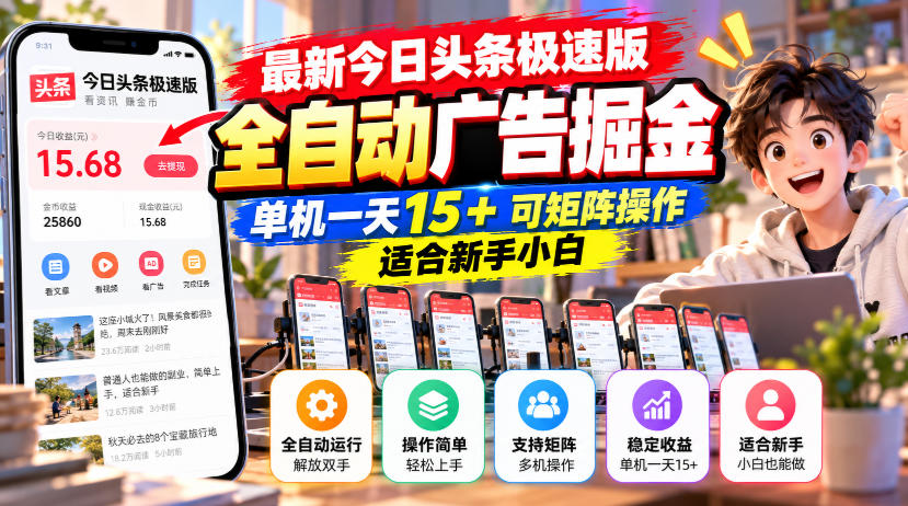 最新今日头条极速版全自动广告掘金，单机一天15+可矩阵操作适合新手小白-创学资源站