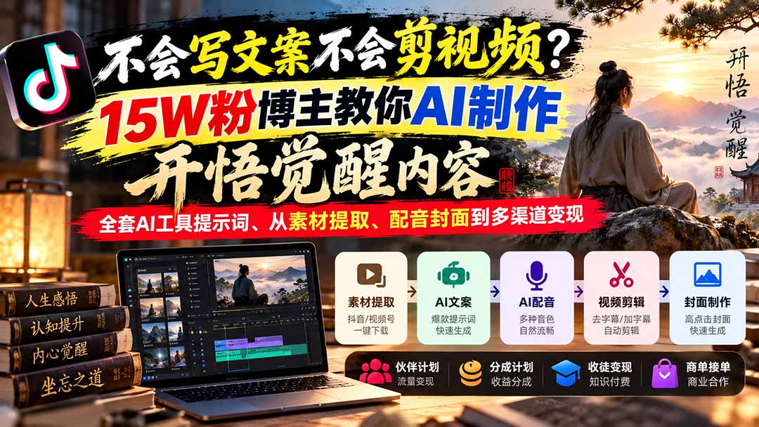 不会写文案不会剪视频？15W粉博主教你AI制作开悟觉醒内容，全套AI工具提示词、从素材提取、配音封面到多渠道变现-创学资源站