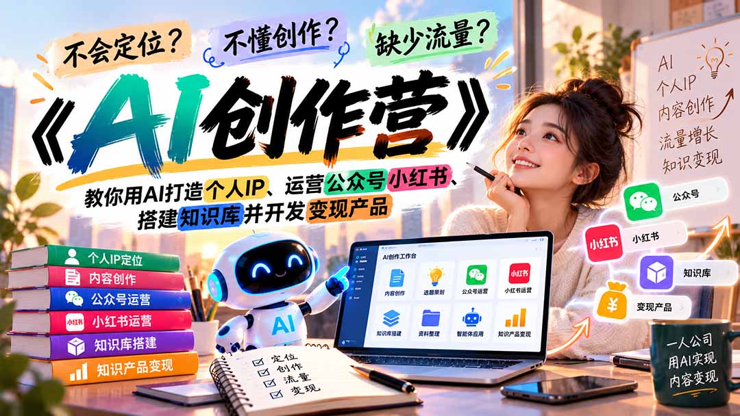 不会定位、不懂创作、缺少流量？《AI创作营》教你用AI打造个人IP、运营公众号小红书、搭建知识库并开发变现产品-创学资源站