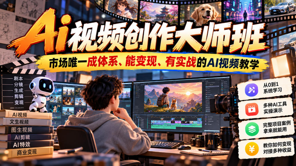 Ai视频创作大师班，市场唯一成体系、能变现、有实战的AI视频教学(更新2026)-创学资源站