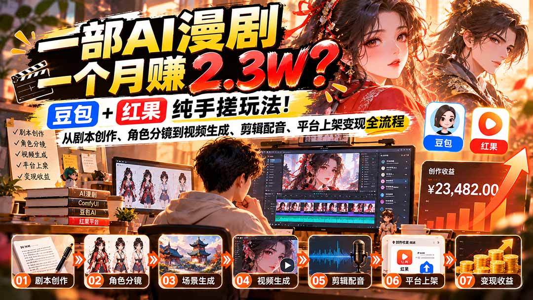 一部AI漫剧一个月赚2.3W？豆包+红果纯手搓玩法！从剧本创作、角色分镜到视频生成、剪辑配音、平台上架变现全流程-创学资源站