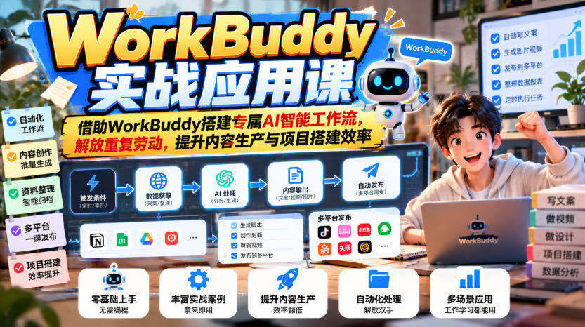 WorkBuddy实战应用课,借助WorkBuddy搭建专属AI智能工作流,解放重复劳动,提升内容生产与项目搭建效率-创学资源站