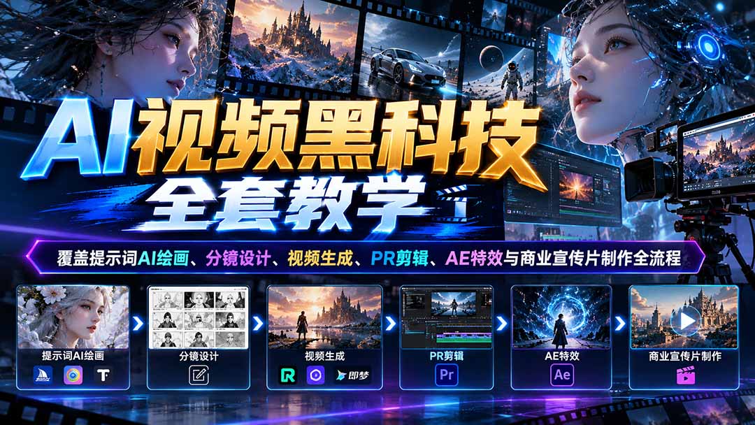 AI视频黑科技全套教学：覆盖提示词AI绘画、分镜设计、视频生成、PR剪辑、AE特效与商业宣传片制作全流程-创学资源站