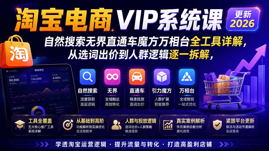 2026淘宝电商终局之战VIP课-更新1022：自然搜索+直通车+无界+精准人群，系统掌握测款动销与全店推广布局方法-创学资源站