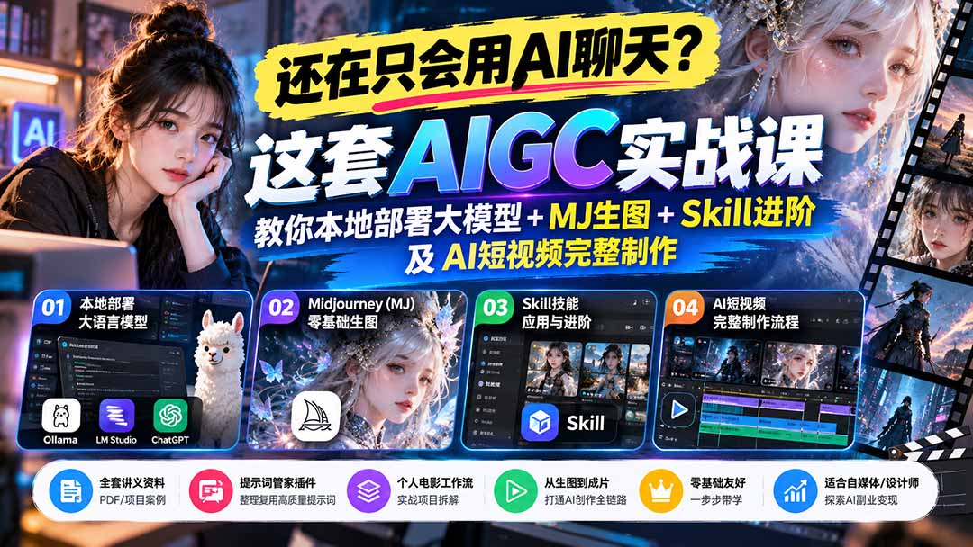 【无水印】还在只会用AI聊天？这套AIGC实战课教你本地部署大模型+MJ生图+Skill进阶及AI短视频完整制作-创学资源站