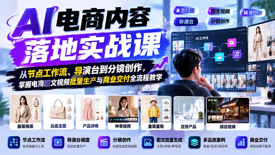 AI电商内容落地实战课：从节点工作流、导演台到分镜创作，掌握电商图文视频批量生产与商业交付全流程教学-创学资源站