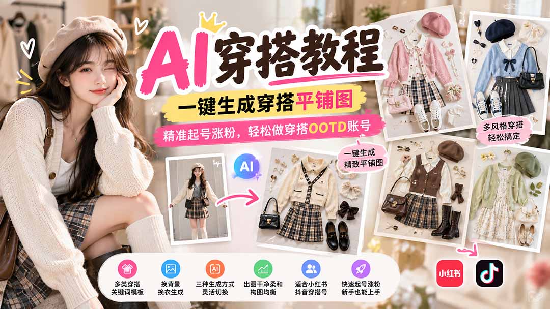 【无水印】AI穿搭教程｜一键生成穿搭平铺图，精准起号涨粉，轻松做穿搭OOTD账号-创学资源站