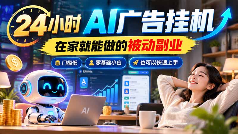 24小时AI广告挂机｜在家就能做的被动副业，门槛低，零基础小白也可以快速上手-创学资源站