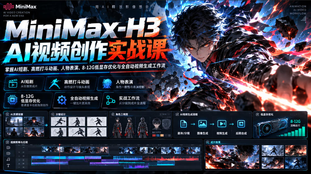 MiniMax-H3 AI视频创作实战课，掌握AI短剧、高燃打斗动画、人物表演、8-12G低显存优化与全自动视频生成工作流-创学资源站