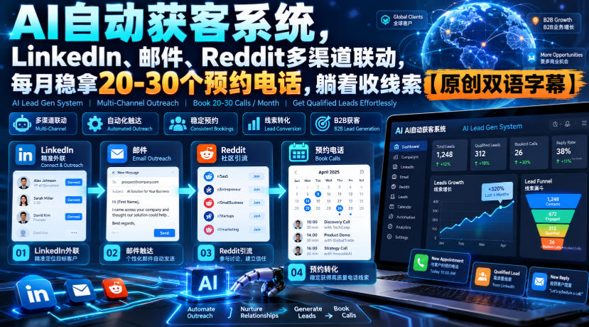 【无水印】AI自动获客系统,LinkedIn、邮件、Reddit多渠道联动,每月稳拿20-30个预约电话,躺着收线索【原创双语字幕】-创学资源站