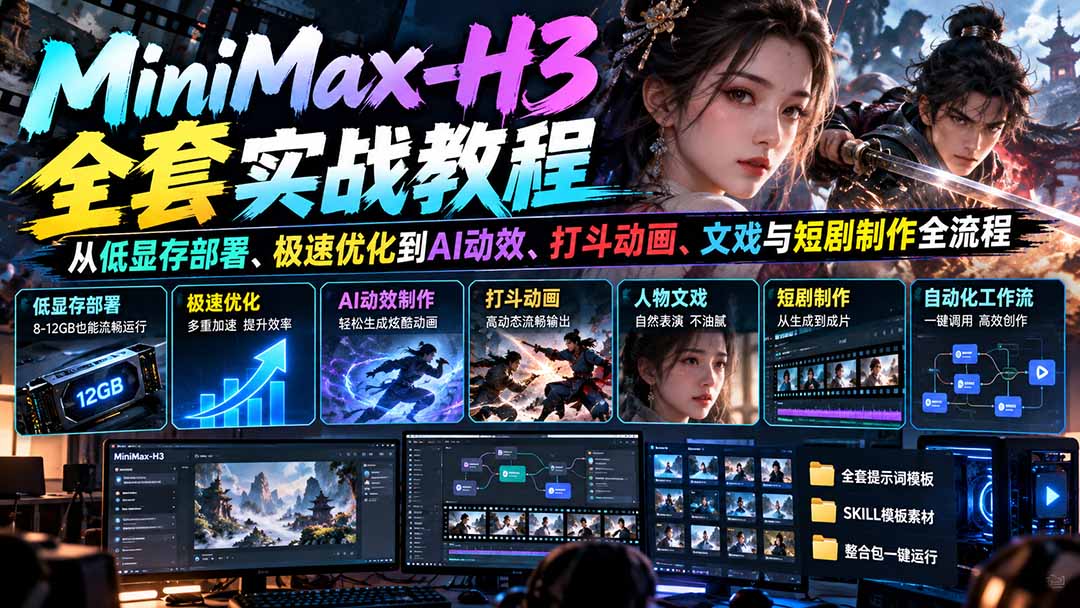 MiniMax-H3全套实战教程:从低显存部署、极速优化到AI动效、打斗动画、文戏与短剧制作全流程-创学资源站
