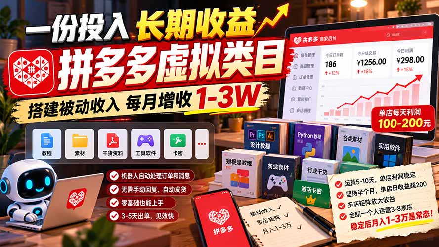 一份投入长期收益，拼多多虚拟类目，搭建被动收入每月增收 1-3W-创学资源站