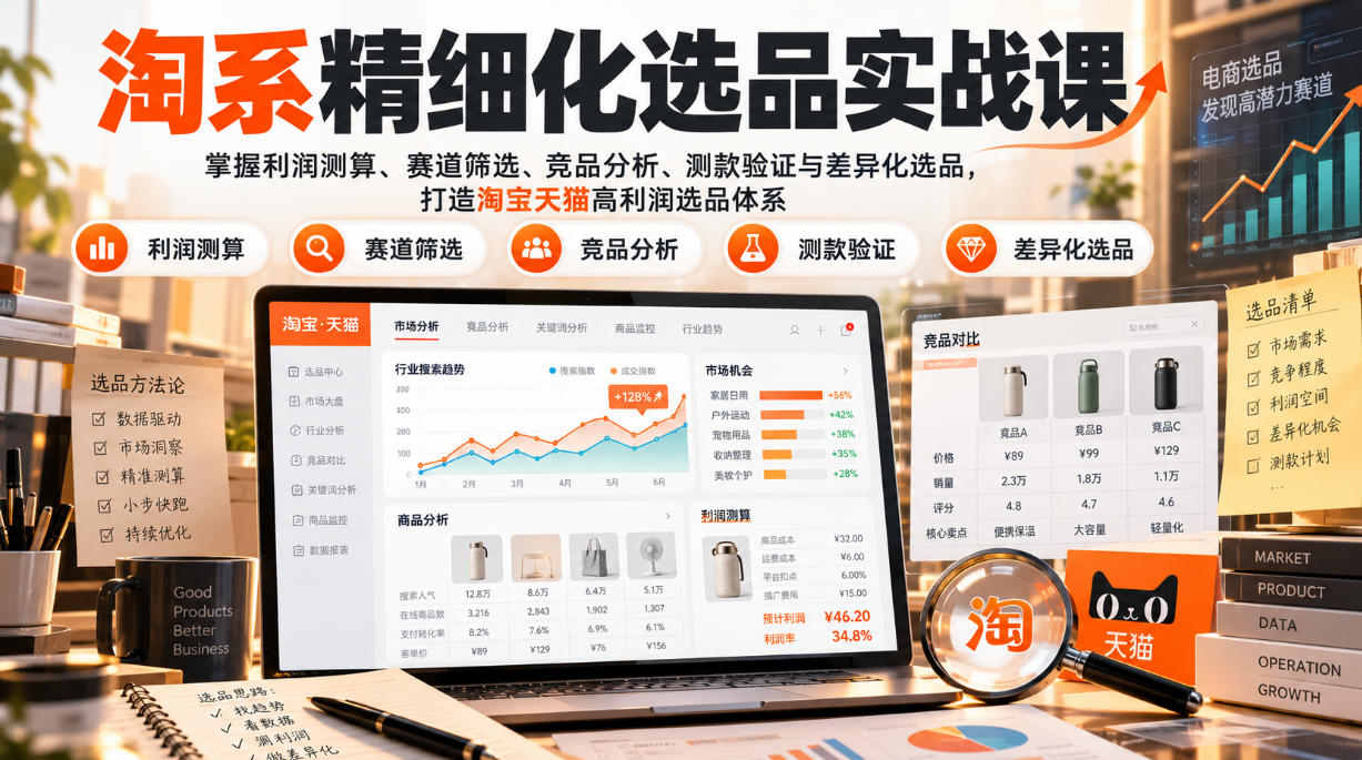 货架电商精细化选品实战课:掌握利润测算、赛道筛选、竞品分析、测款验证与差异化选品,打造淘宝天猫高利润选品体系-创学资源站
