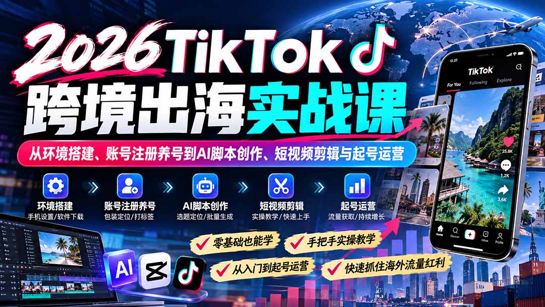 2026TikTok跨境出海实战课：从环境搭建、账号注册养号到AI脚本创作、短视频剪辑与起号运营-创学资源站