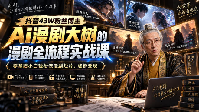 抖音43W粉丝博主Ai漫剧大树的漫剧制作全流程实战课，零基础小白轻松做漫剧短片，涨粉变现(更新1027)-创学资源站