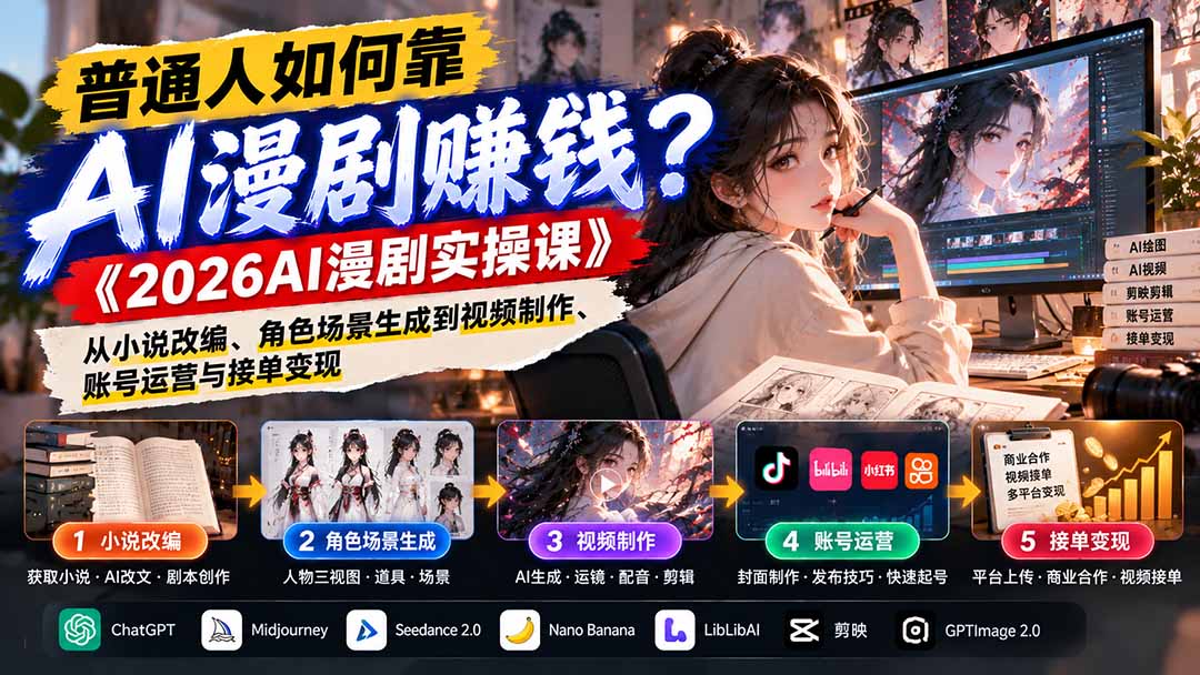普通人如何靠AI漫剧赚钱？《2026AI漫剧实操课》从小说改编、角色场景生成到视频制作、账号运营与接单变现-创学资源站