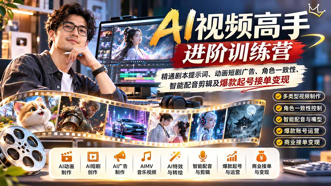 AI视频高手进阶训练营：精通剧本提示词、动画短剧广告、角色一致性、智能配音剪辑及爆款起号接单变现-创学资源站