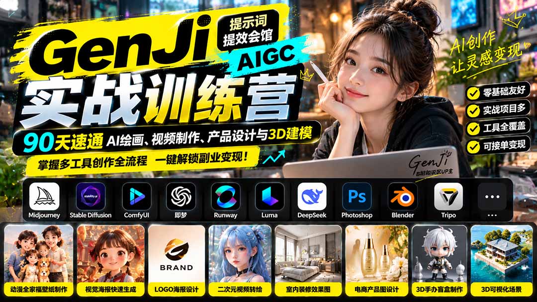 GenJi AIGC实战训练营：90天速通AI绘画、视频制作、产品设计与3D建模，掌握多工具创作全流程-创学资源站