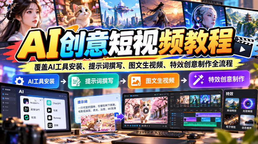 AI创意短视频教程,覆盖AI工具安装、提示词撰写、图文生视频、特效创意制作全流程-创学资源站