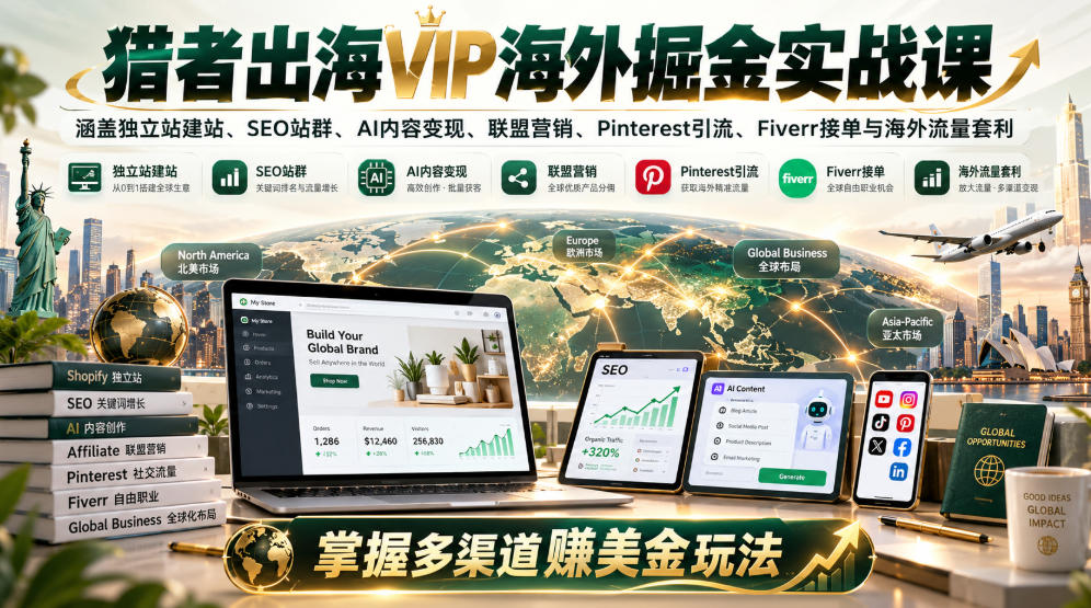 猎者出海VIP海外掘金实战课:涵盖独立站、SEO站群、AI变现、联盟营销、Pinterest引流、Fiverr接单与海外流量套利,掌握多渠道賺美金玩法-创学资源站