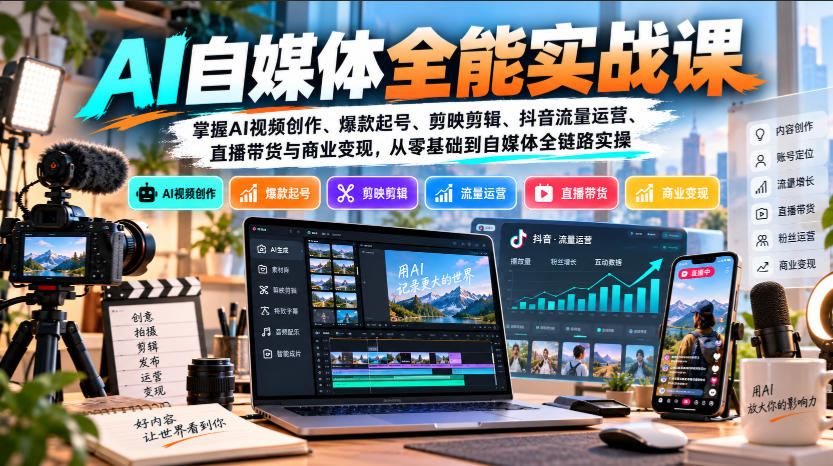 【无水印】AI自媒体全能实战课，掌握AI视频创作、爆款起号、剪映剪辑、抖音流量运营、直播带货与商业变现，从零基础到自媒体全链路实操-创学资源站