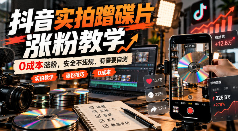 抖音实拍蹭碟片涨粉教学，0成本涨粉，安全不违规，有需要自测-创学资源站