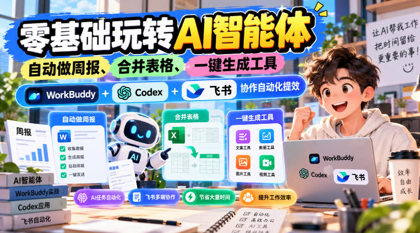 【无水印】零基础玩转AI智能体，自动做周报、合并表格、一键生成工具，WorkBuddy+Codex + 飞书协作自动化提效-创学资源站