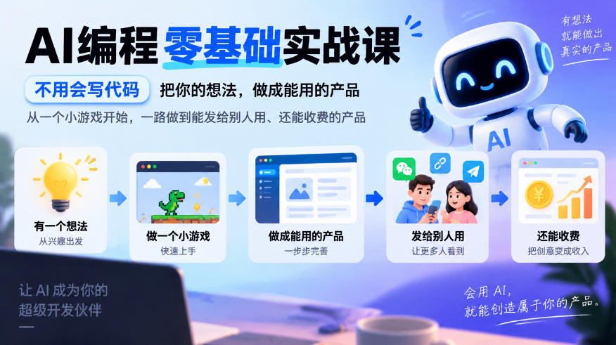 AI编程零基础实战课，不用会写代码，把你的想法，做成能用的产品，从一个小游戏开始，一路做到能发给别人用、还能收费的产品-创学资源站