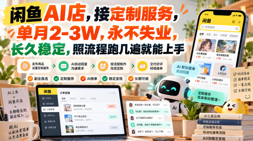 闲鱼AI店,接定制服务,单月2-3W,永不失业,长久稳定,照流程跑几遍就能上手-创学资源站