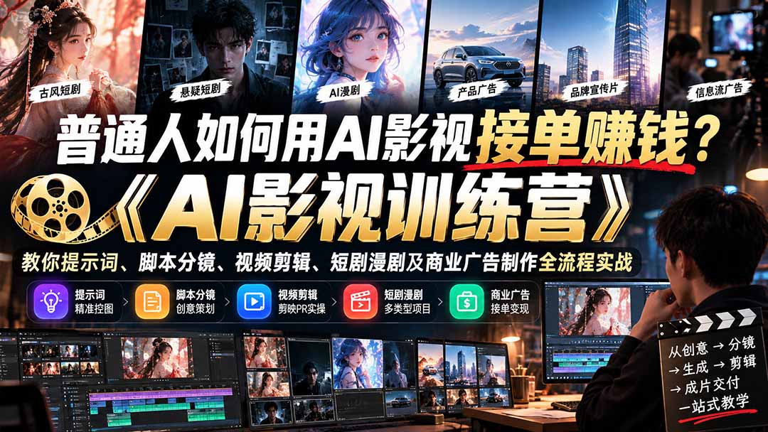 普通人如何用AI影视接单赚钱？《AI影视训练营》教你提示词、脚本分镜、视频剪辑、短剧漫剧及商业广告制作全流程实战-创学资源站