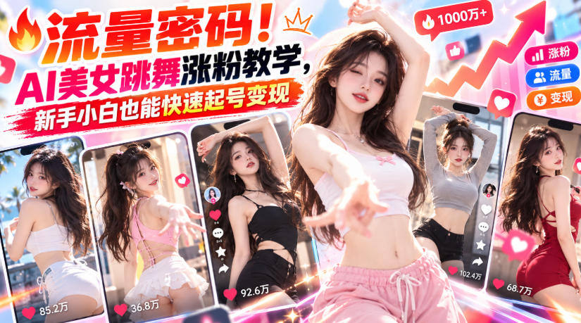 流量密码！AI美女跳舞涨粉教学，新手小白也能快速起号变现-创学资源站