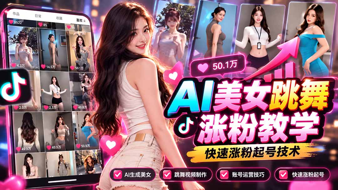 AI美女跳舞涨粉教学，AI生成美女，跳舞视频制作，账号运营与快速起号涨粉-创学资源站
