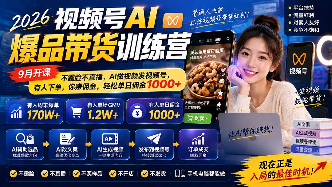 图片[1]-2026视频号AI爆品带货训练营-9月开课｜不露脸不直播，AI做视频发视频号，有人下单，你赚佣金，轻松单日佣金1000+-创学资源站